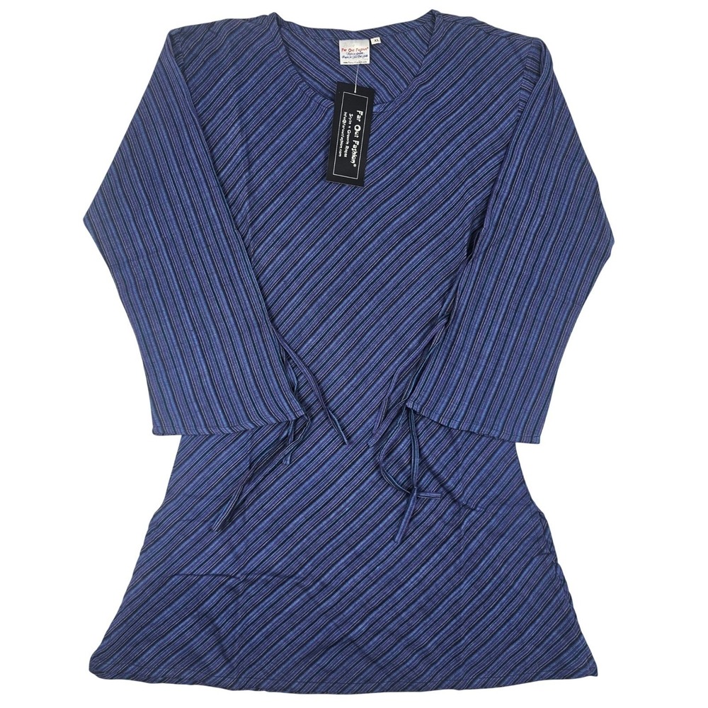 Far Out Fashion Blue Striped Tunic Top Medium 3/4 Sleeve Boho Side Tie NWT